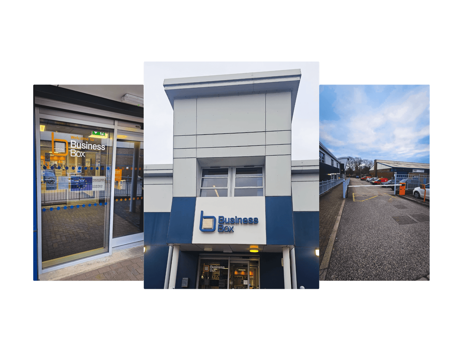 Front view of the Business Box office building in Leicester, showing the glass-door entrance, the building's exterior with a blue and white facade, and the gated car park with a security barrier.
